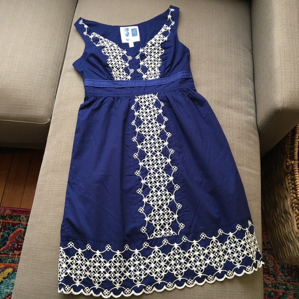 Anthropologie Dress, Esme and Esyllte navy blue eyelet dress, XS